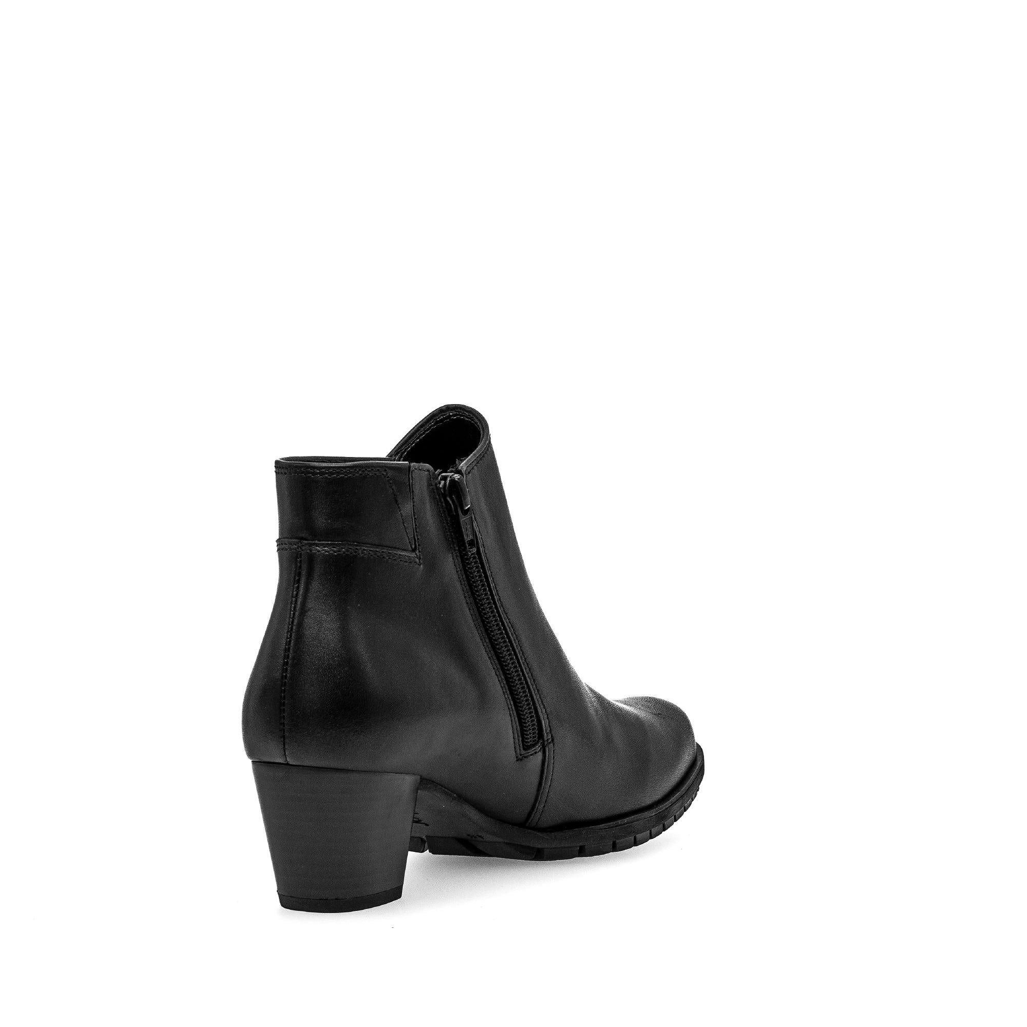 Gabor Olivetti women's black waxed leather ankle boots with side zipper and chunky heel.