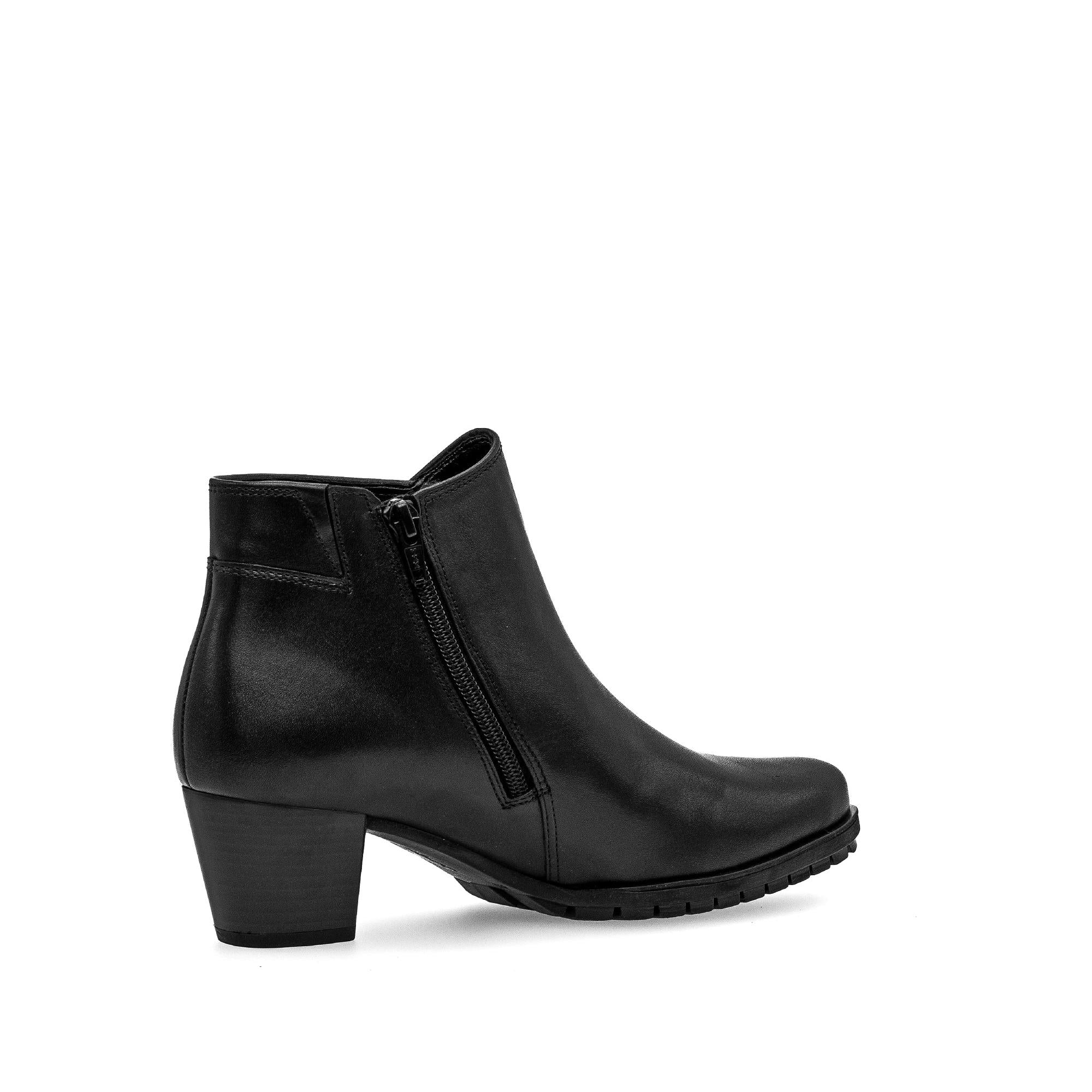 Gabor Olivetti women's black waxed leather ankle boots with side zipper, block heel, and rugged sole.