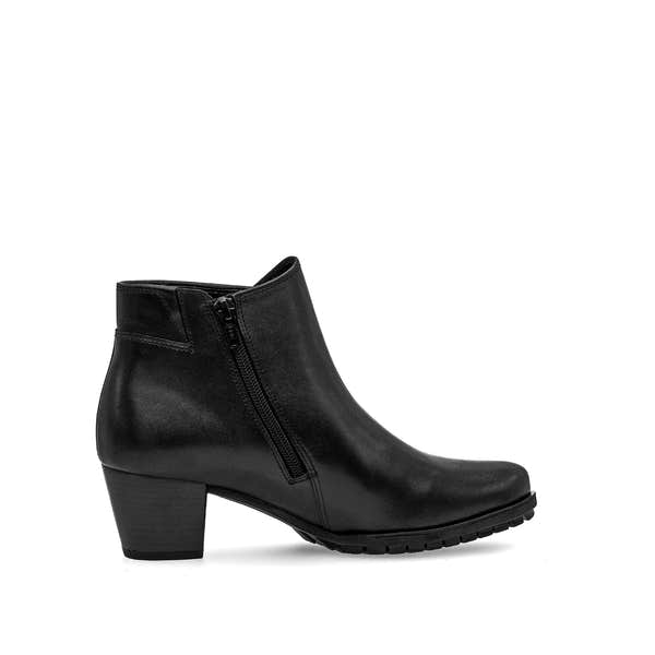Gabor Olivetti women's black waxed leather ankle boots with side zipper and block heel.
