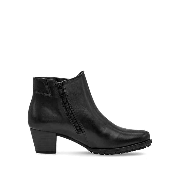 Gabor Olivetti women's black waxed leather ankle boots with side zipper and chunky heel.