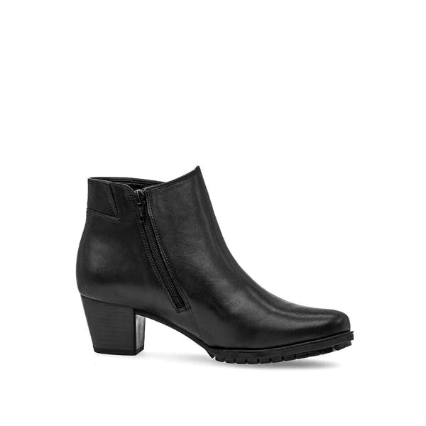 Gabor Olivetti women's black waxed leather ankle boots with side zipper and block heel.