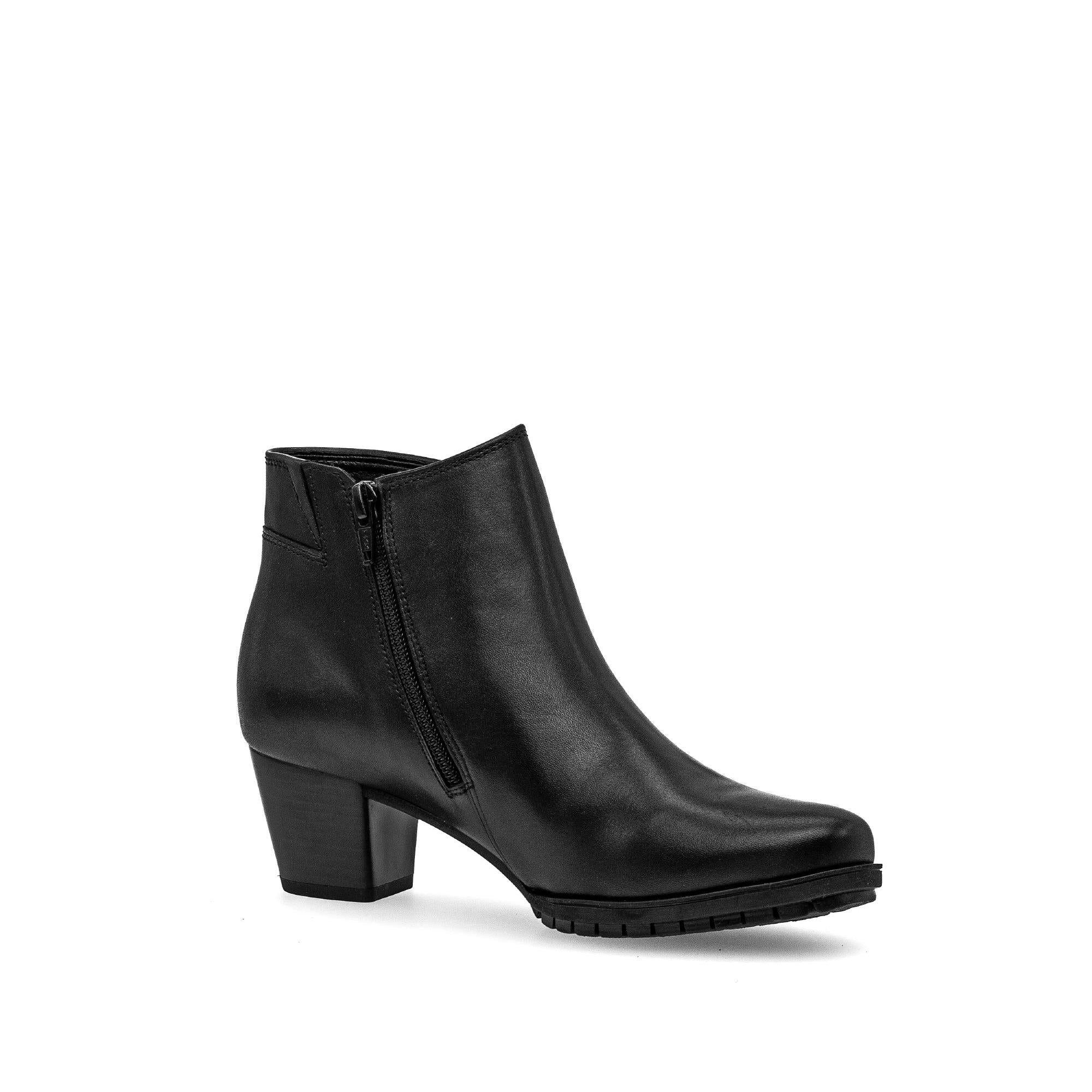 Gabor Olivetti women's black waxed leather ankle boots with side zipper and block heel.