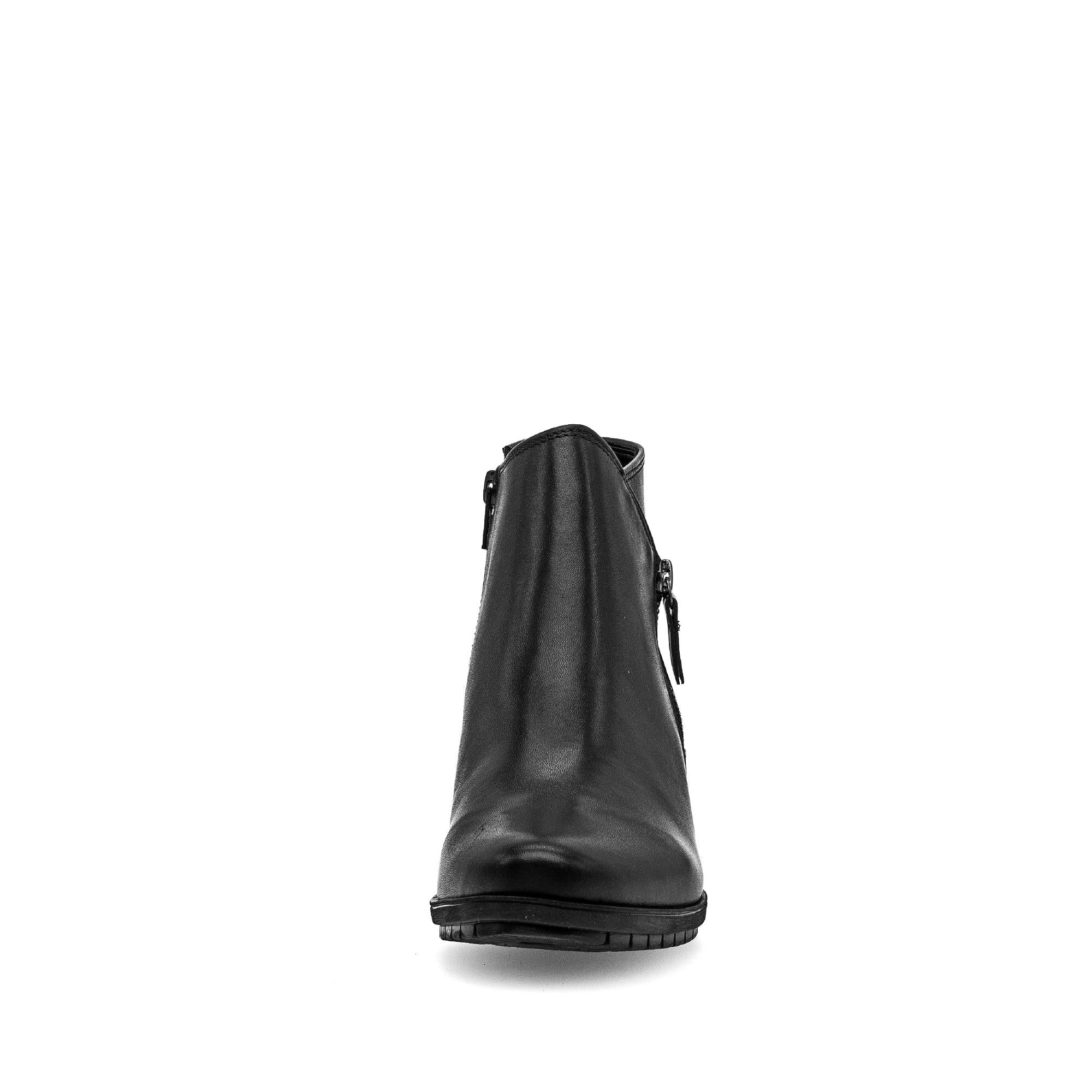 Gabor Olivia women's black waxed leather ankle boots with side zipper, low heel, and stylish design.