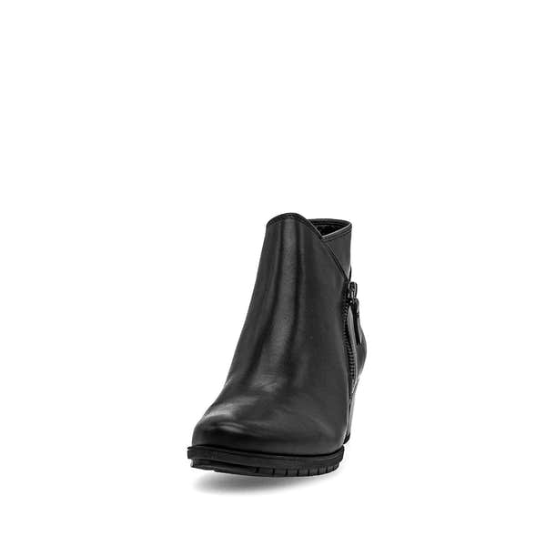 Gabor Olivetti women's black waxed leather ankle boots with side zipper and low heel.