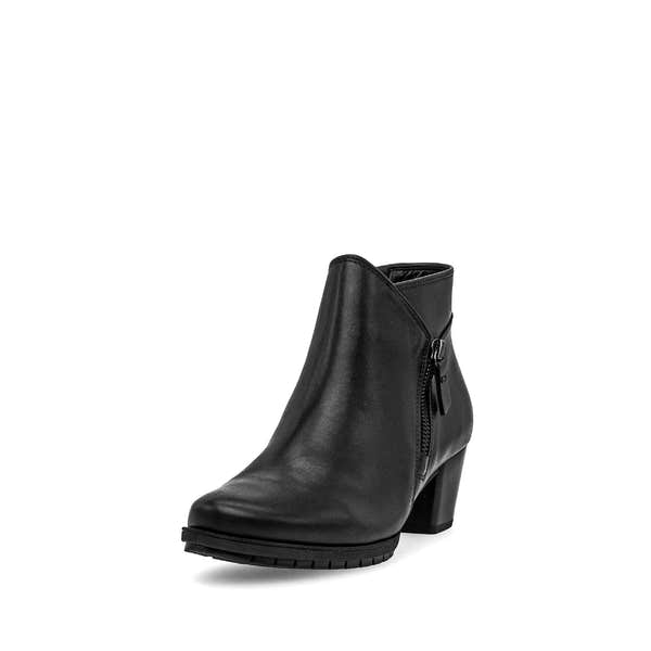 Gabor Olivetti black waxed leather ladies ankle boots with side zipper and chunky heel.