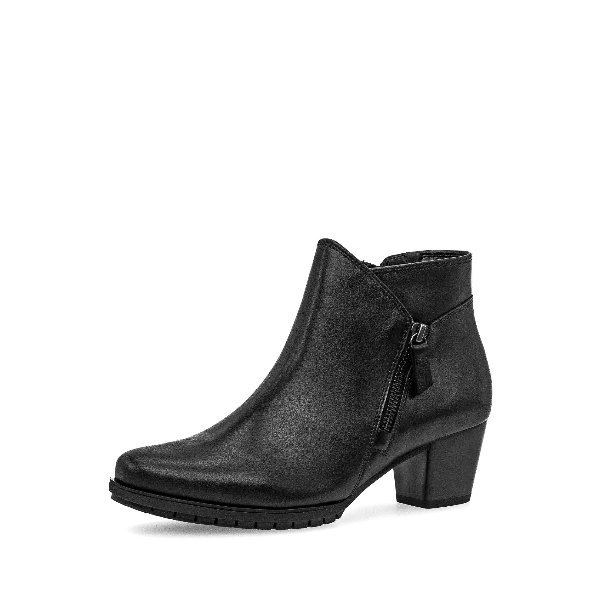 Gabor Olivetti Ladies Black Waxed Leather Side Zip Ankle Boots with Block Heel and modern design.