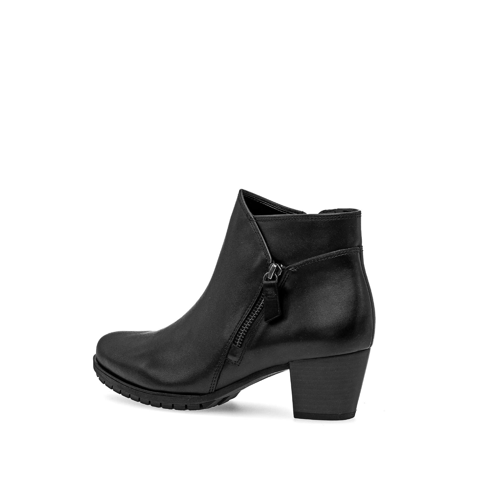 Gabor Olivetti women's black waxed leather ankle boots with side zipper, block heel, and stylish design.