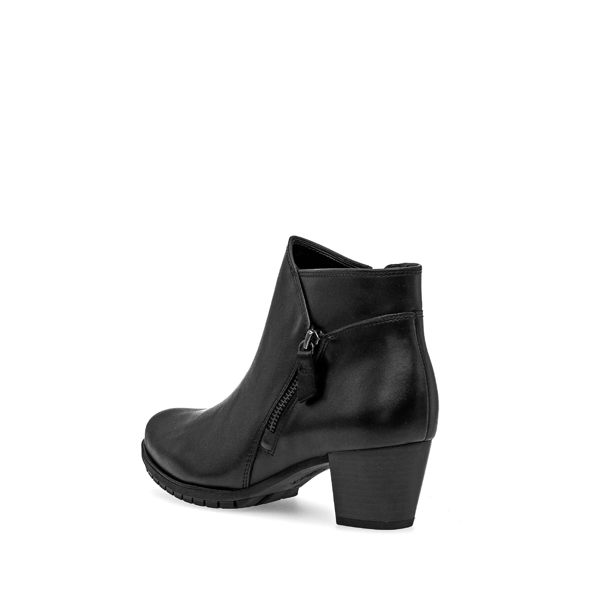 Gabor Olivetti women's black waxed leather ankle boots with side zipper and chunky heel.