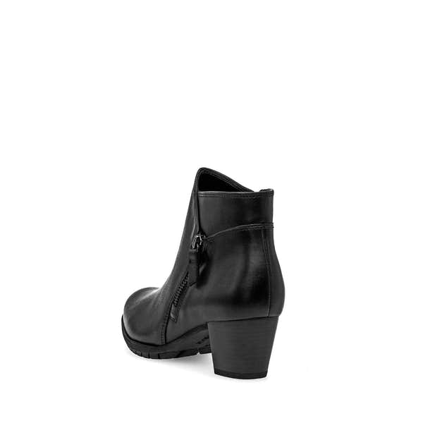 Black waxed leather ankle boot with side zip, chunky heel, and stylish design. Perfect for women’s fashion and casual wear.