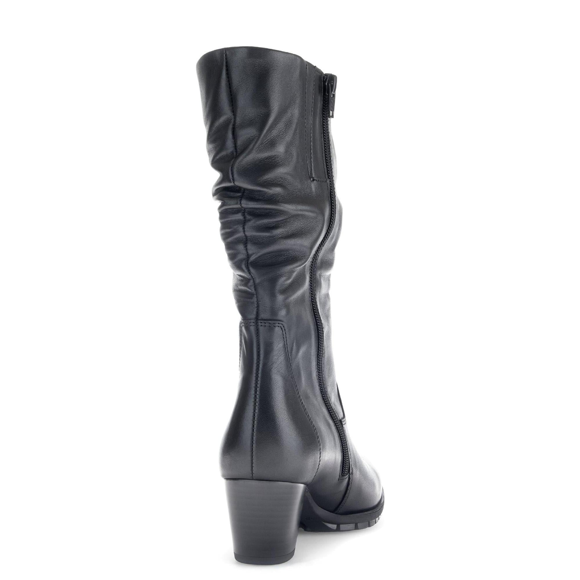 Gabor Olivetti women's black waxed leather knee-high ankle boots with side zipper and chunky heel.