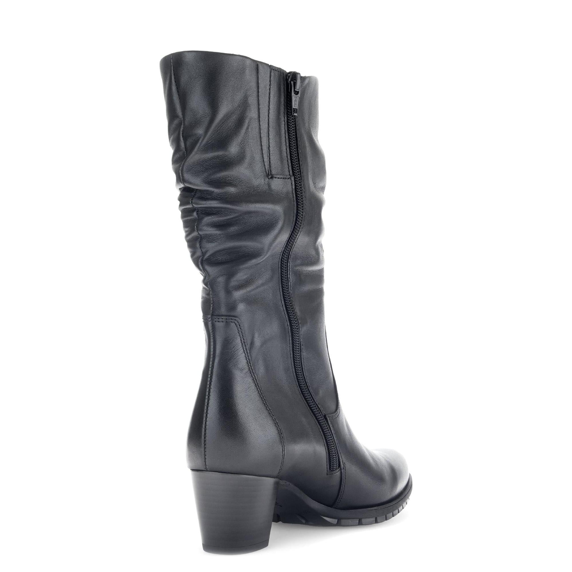 Gabor 76.606.57 Olivetti women's black waxed leather ankle boots with side zipper and block heel.