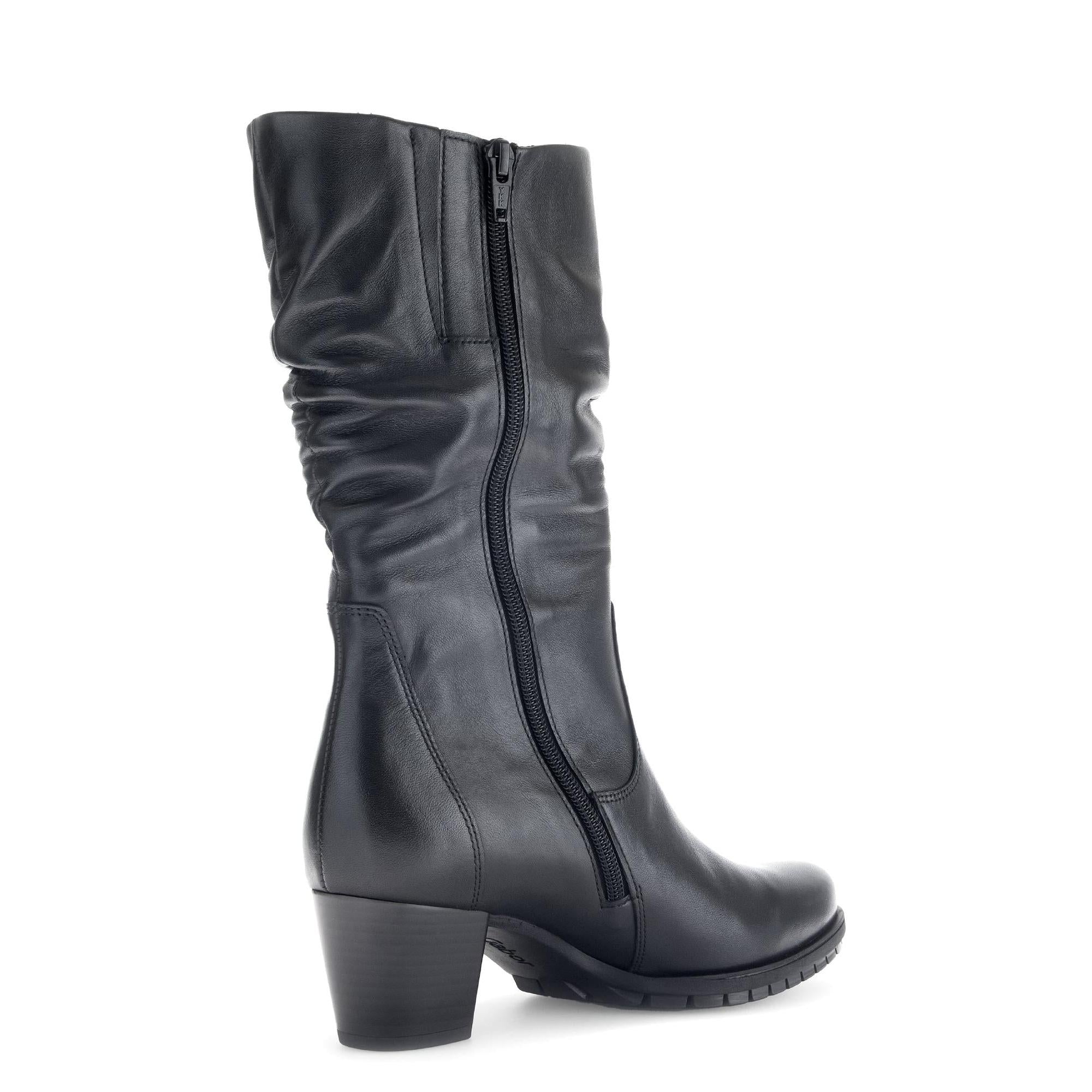 Gabor Olivetti women's black waxed leather ankle boots with side zipper, block heel, and slip-on design.