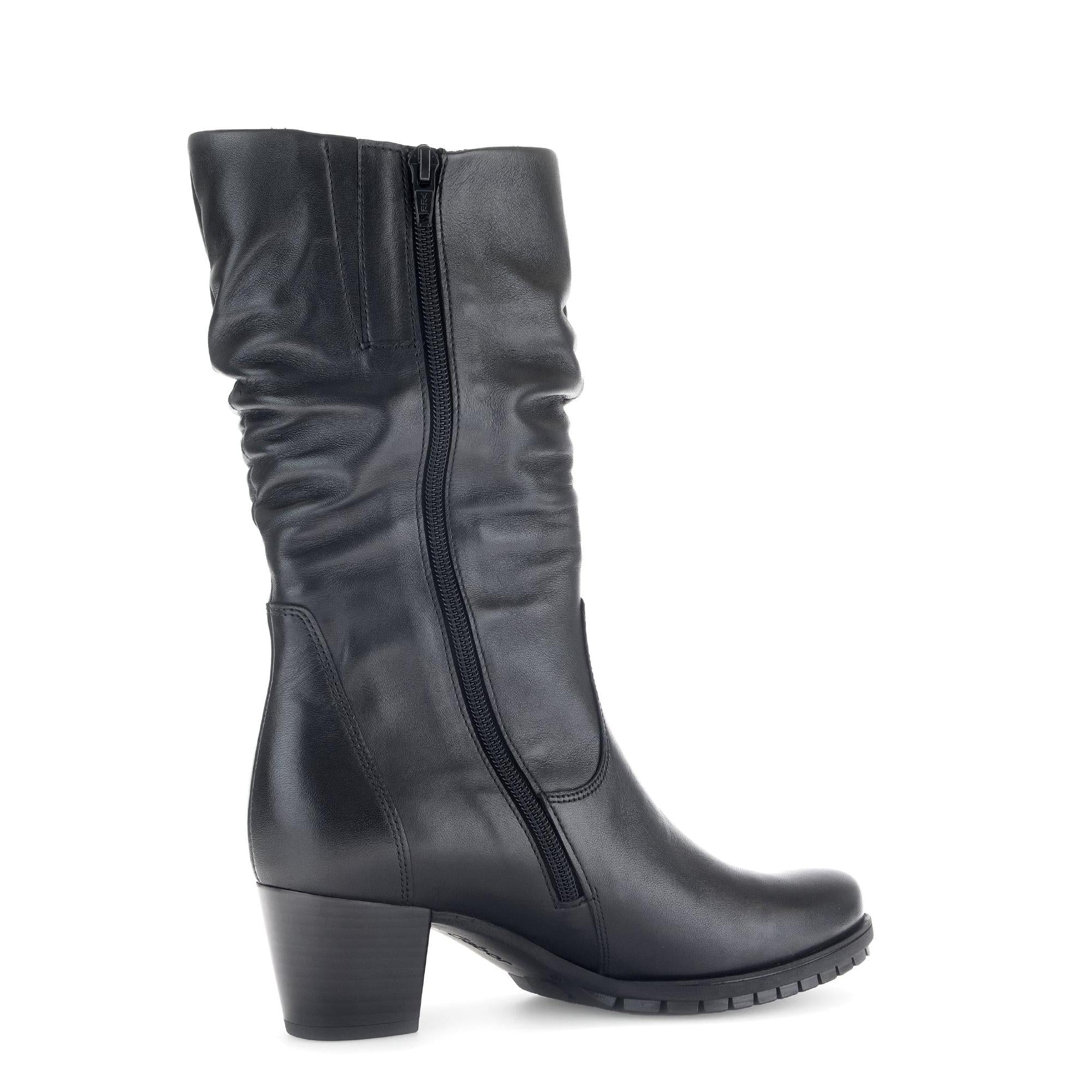 Gabor OliVetti women's black waxed leather ankle boots with side zipper and chunky heel.