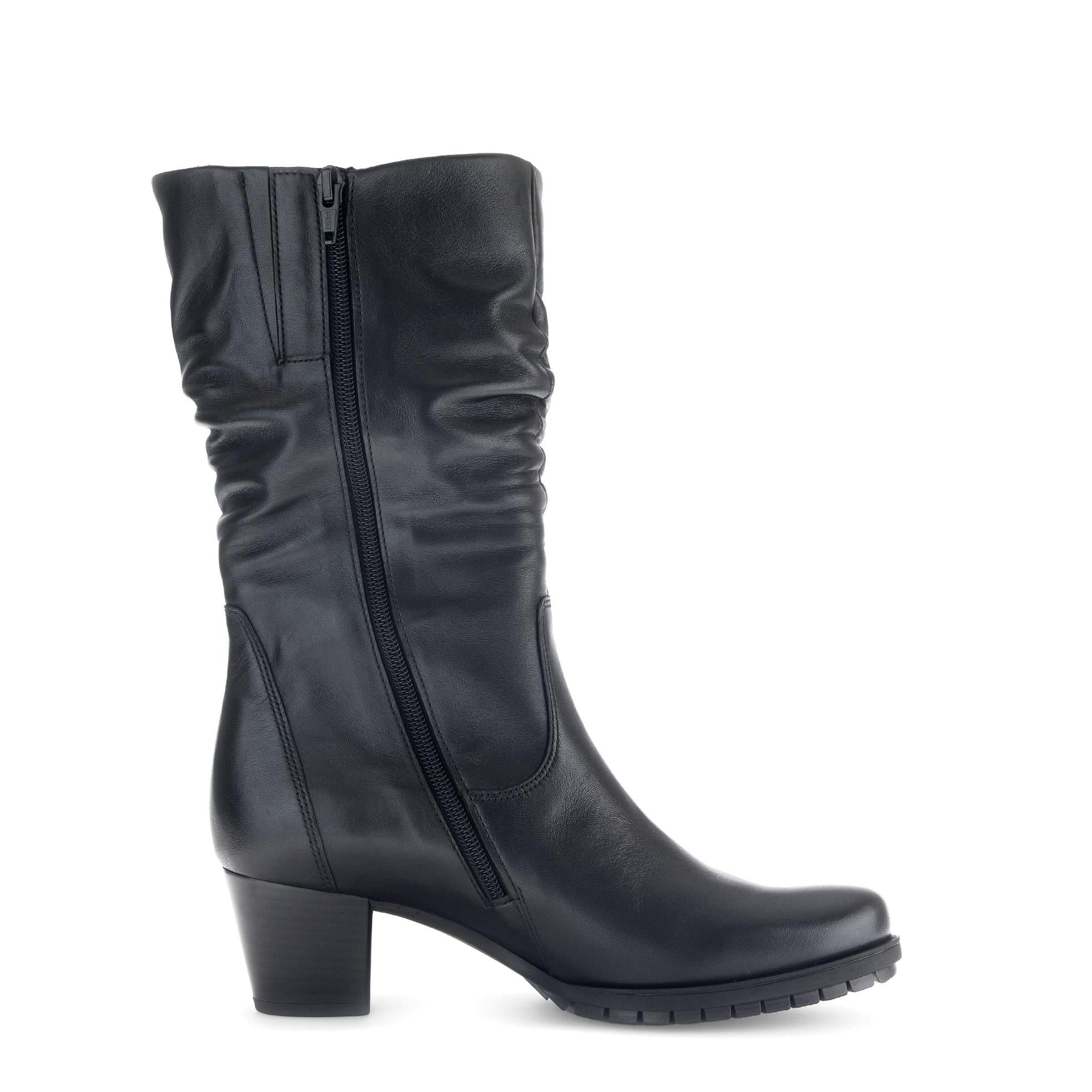 Gabor Olivetti Women's Black Waxed Leather Side Zip Ankle Boots with Block Heel and Rugged Sole.