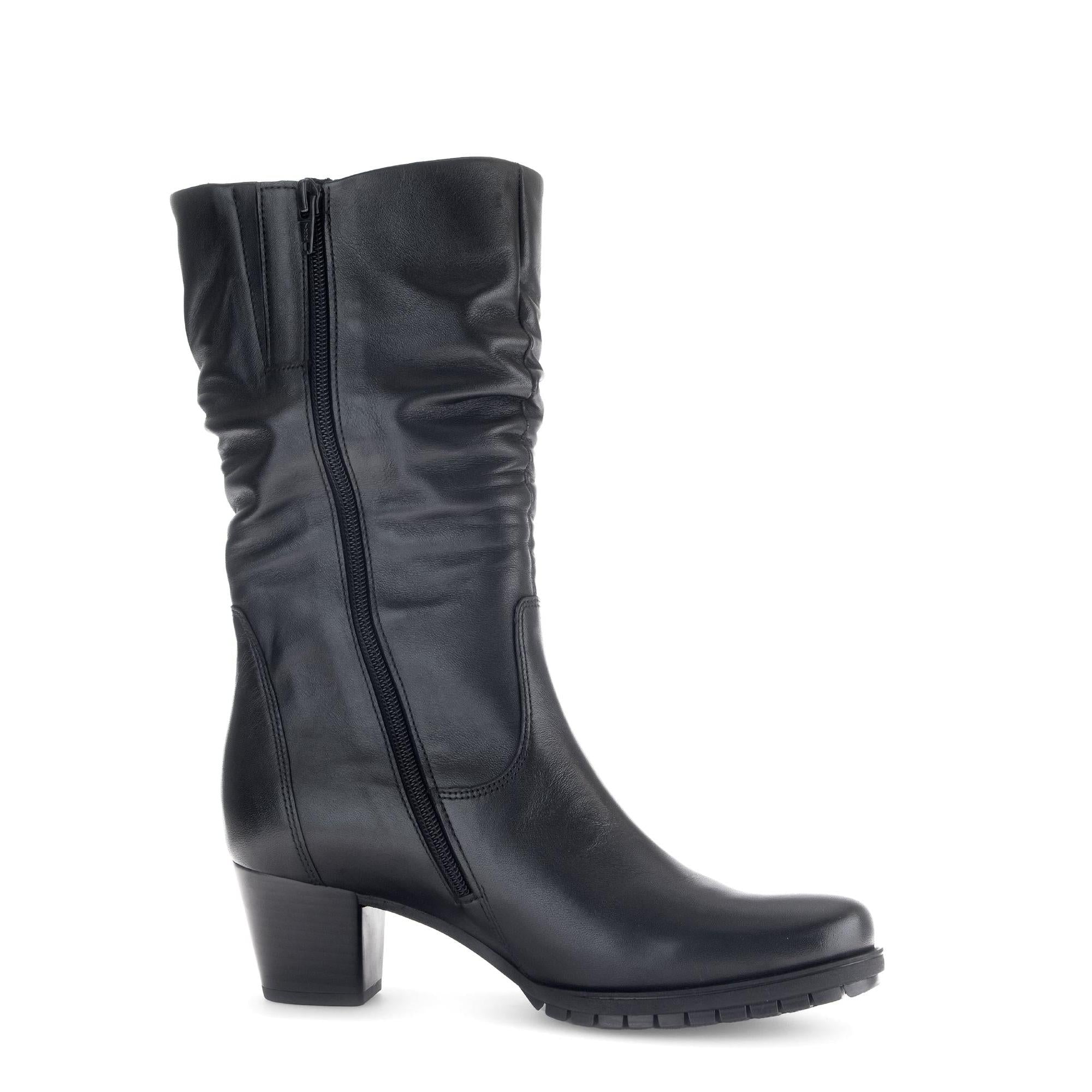 Gabor Olivetti women's black waxed leather ankle boots with side zipper and block heel.