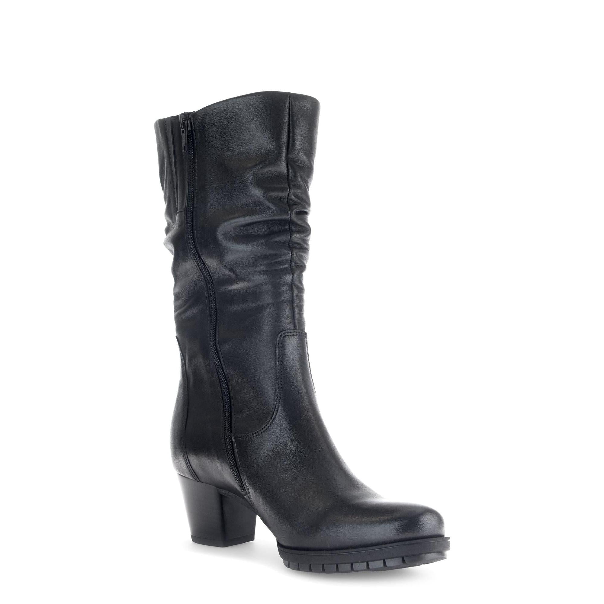 Gabor 76.606.57 Olivetti women's black waxed leather knee-high ankle boots with side zipper and chunky heel.