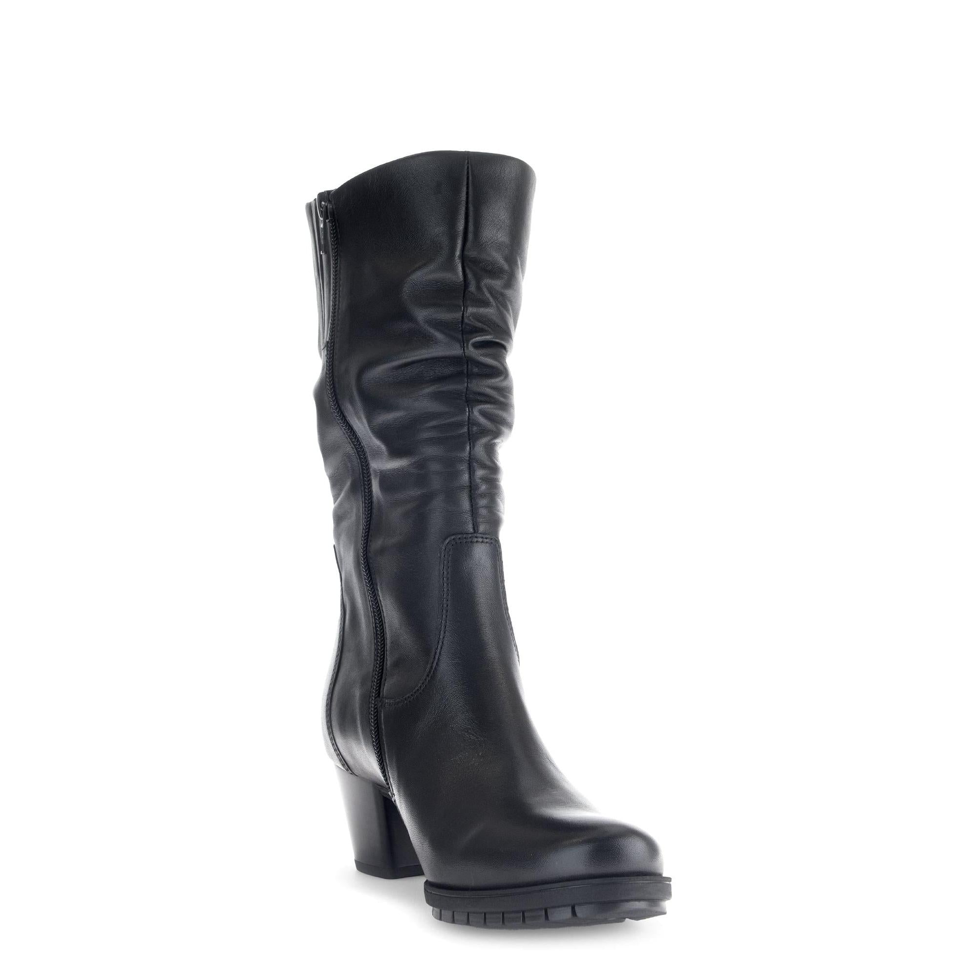 Gabor Olivetti women's black waxed leather knee-high ankle boots with side zipper and chunky heel.