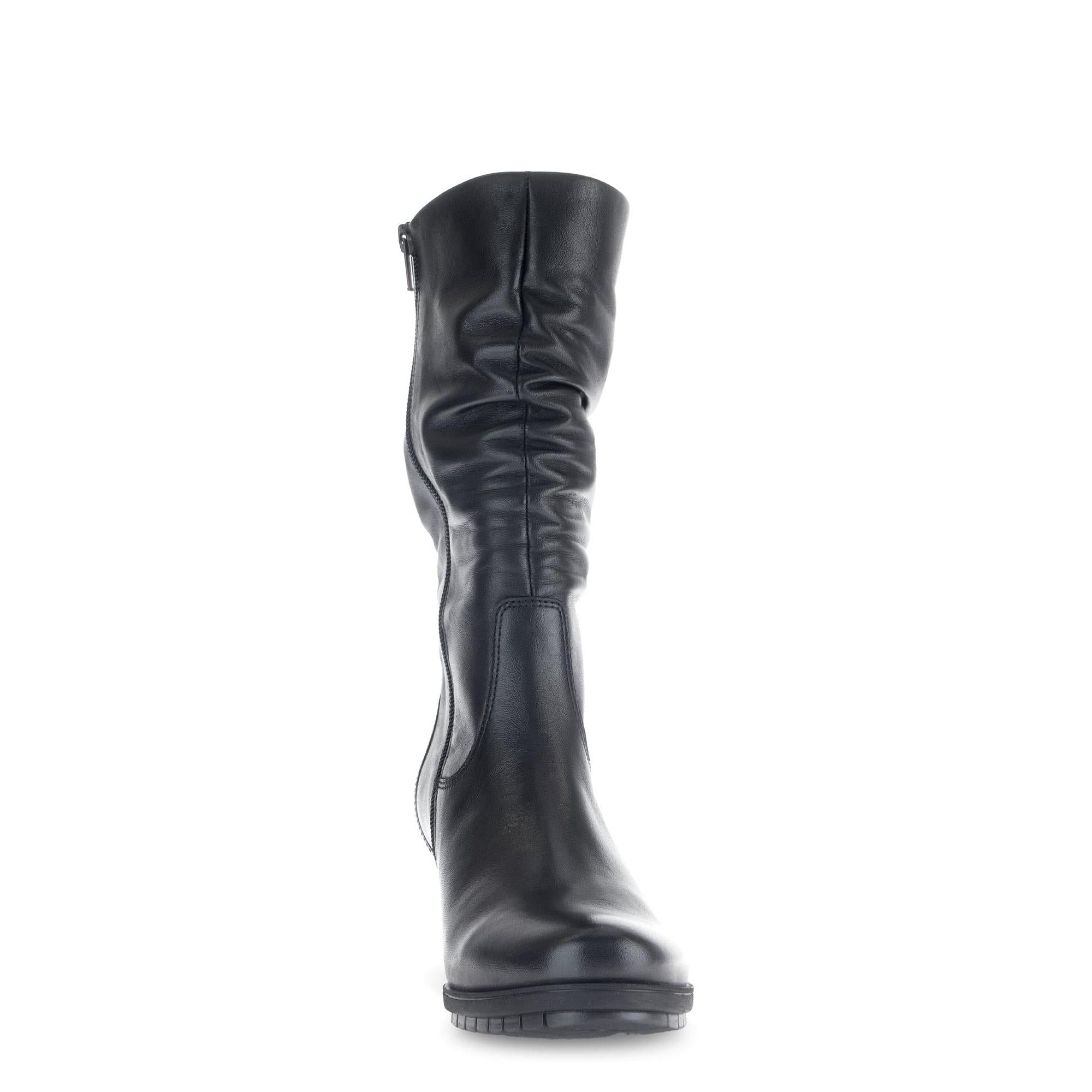 Gabor Olivetti women's black waxed leather ankle boots with side zipper and low heel.