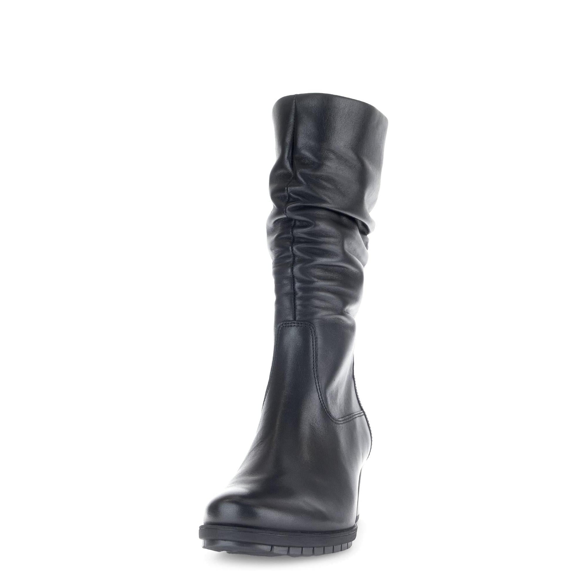 Gabor Olivetti women's black waxed leather side-zip ankle boots with ruched shaft and chunky sole.