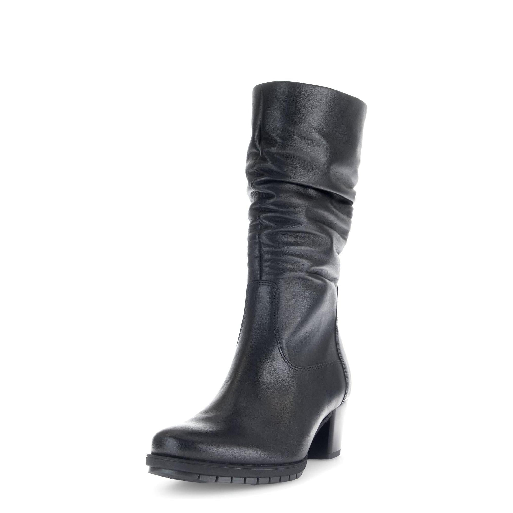 Gabor Olivetti Women's Black Waxed Leather Side Zip Ankle Boot with Block Heel, knee-high style.