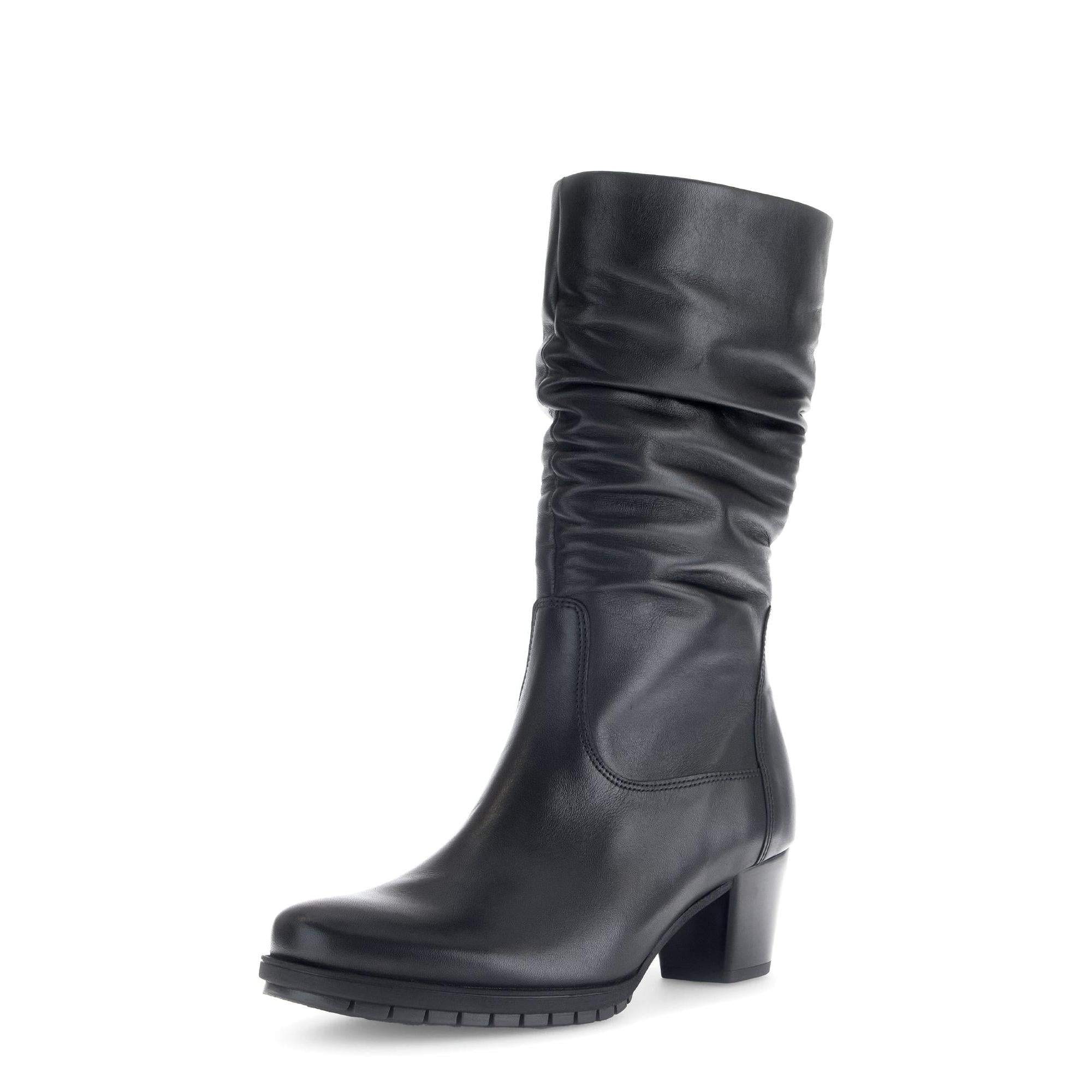 Gabor Olivetti women's black waxed leather side zip ankle boots with block heel and ruched shaft.