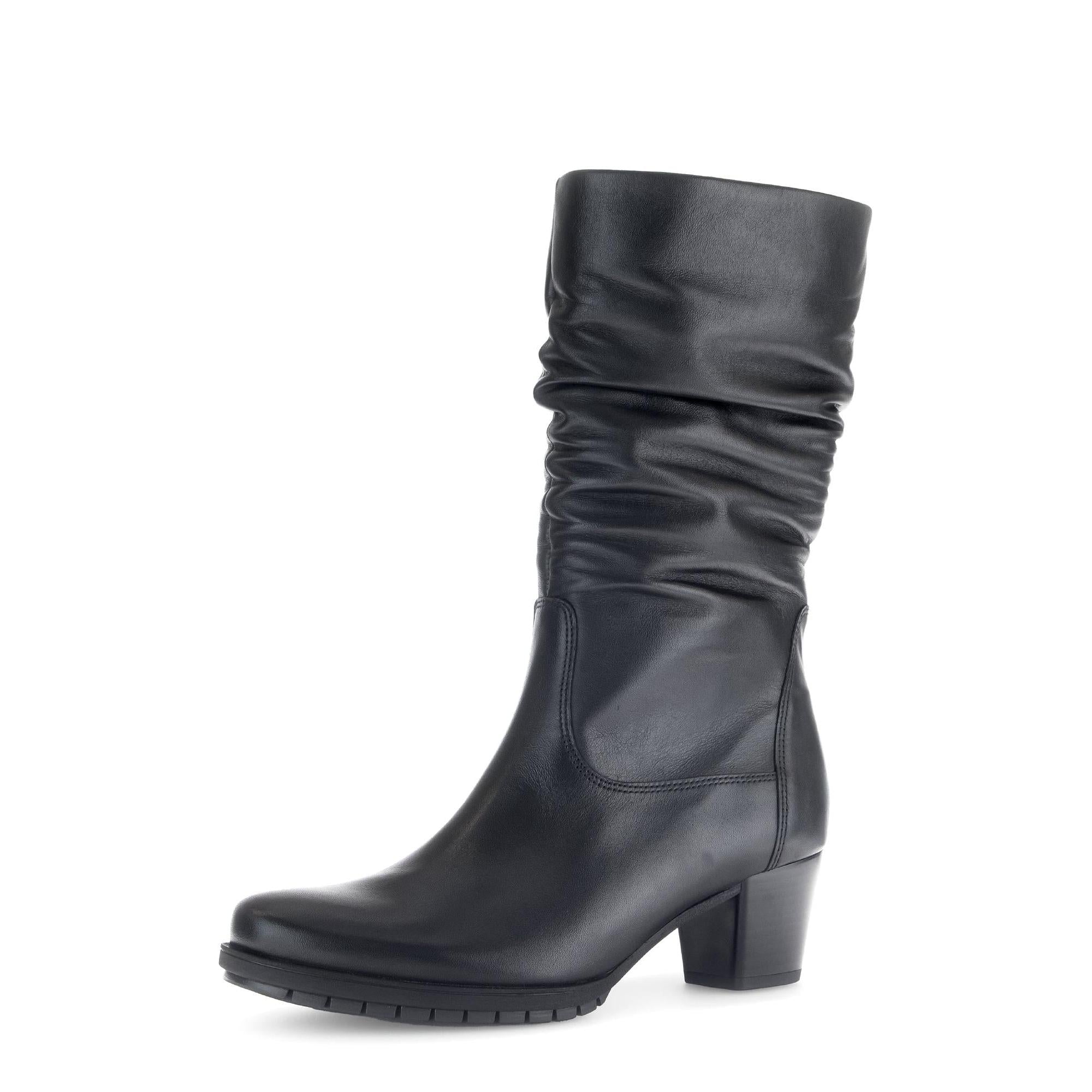 Gabor Olivetti women's black waxed leather ankle boots with side zipper and chunky heel.