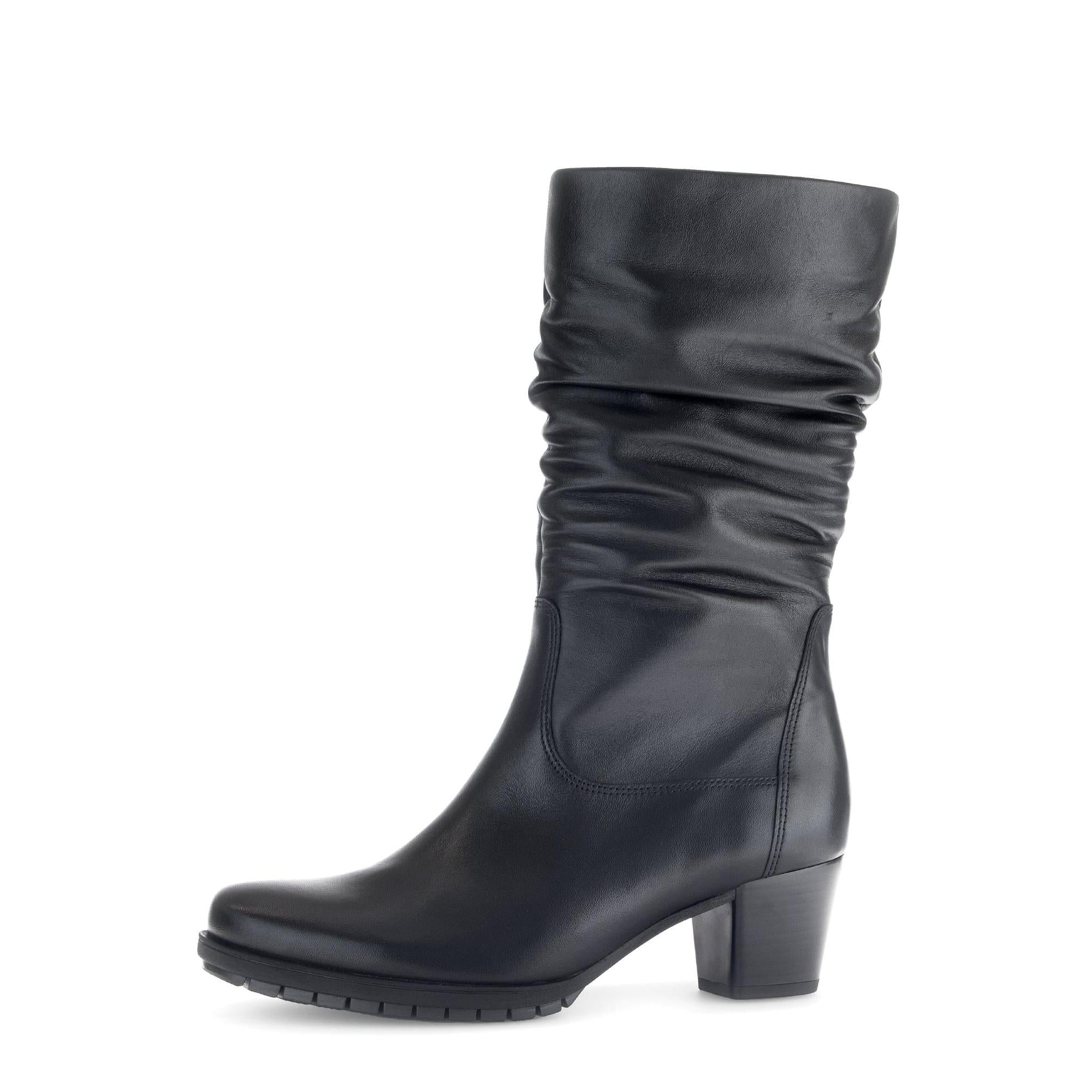 Gabor Olivetti ladies black waxed leather side zip ankle boots with a block heel and slouched design.