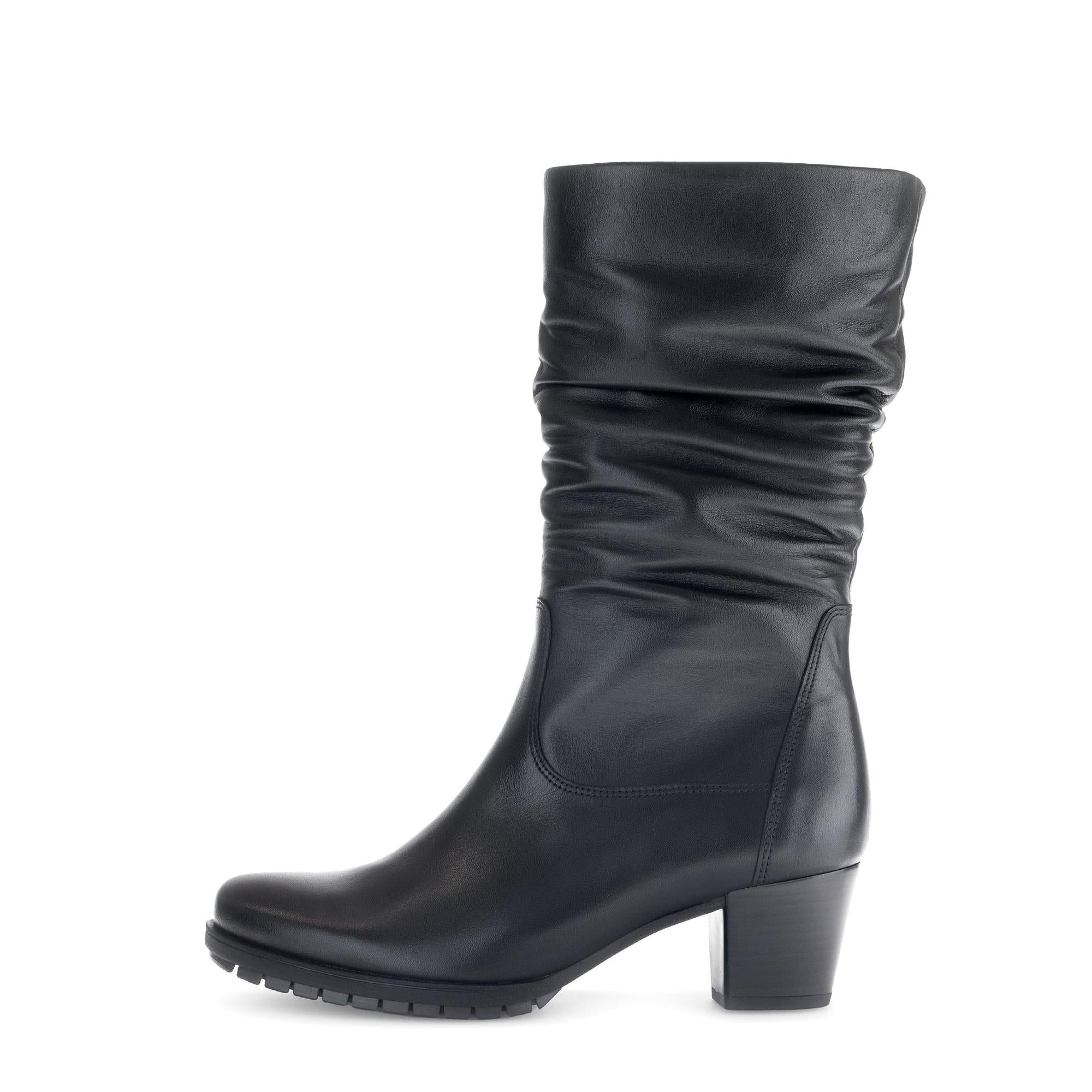 Gabor Olivetti Ladies Black Waxed Leather Side Zip Ankle Boots with Block Heel and Slouchy Shaft.
