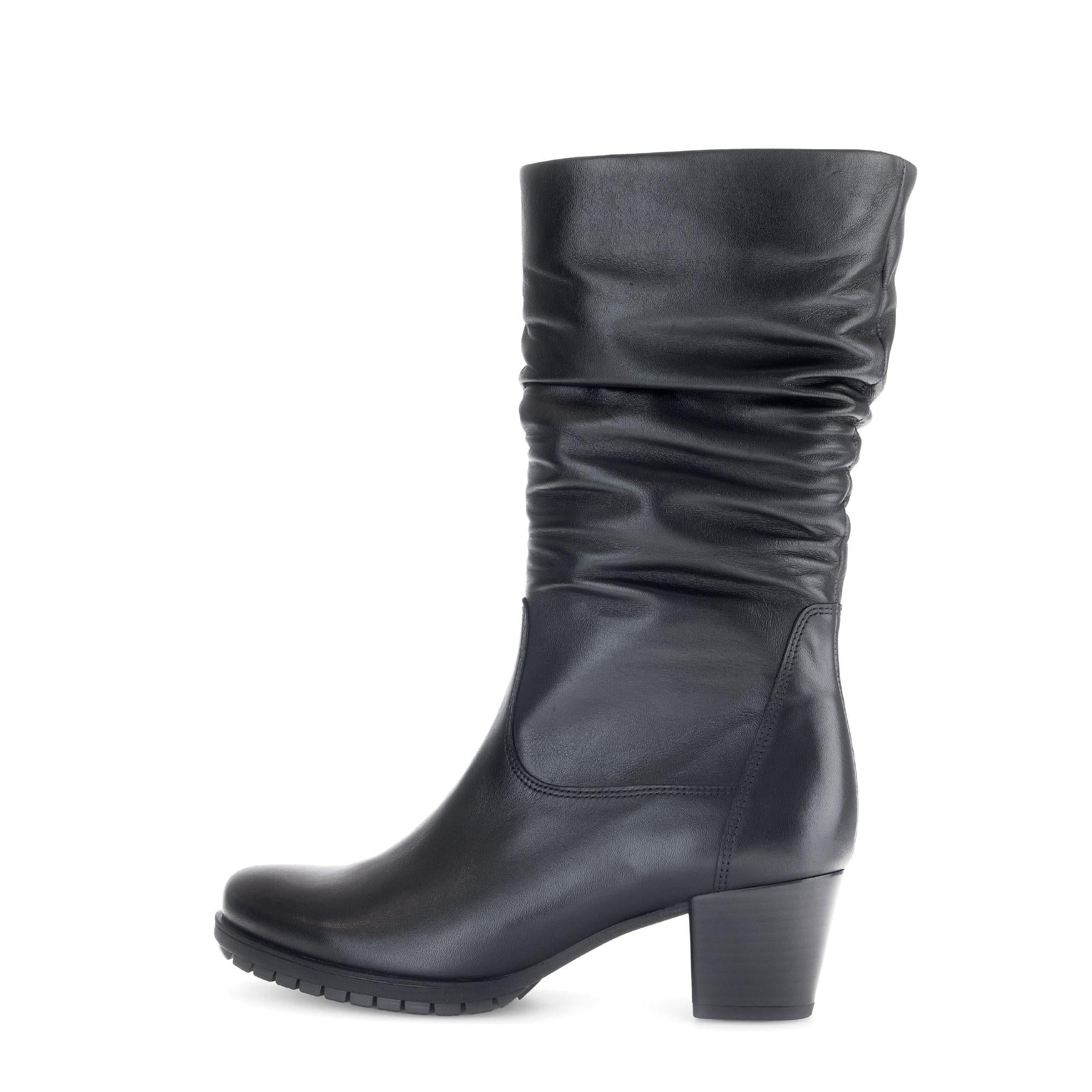 Gabor Olivetti women's black waxed leather ankle boots with side zip and block heel.