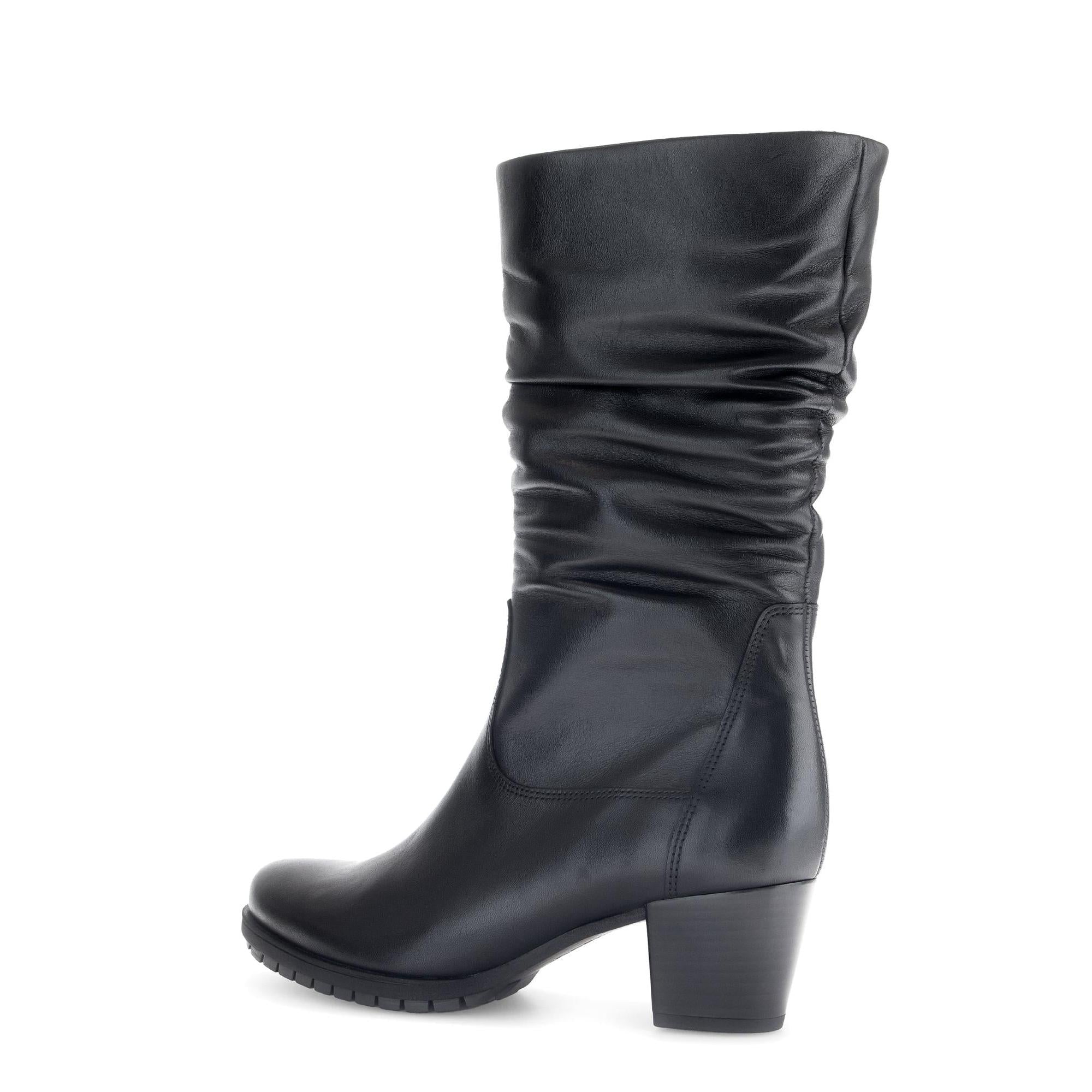 Gabor Olivetti women's black waxed leather ankle boots with side zip, slouchy shaft, and chunky heel.