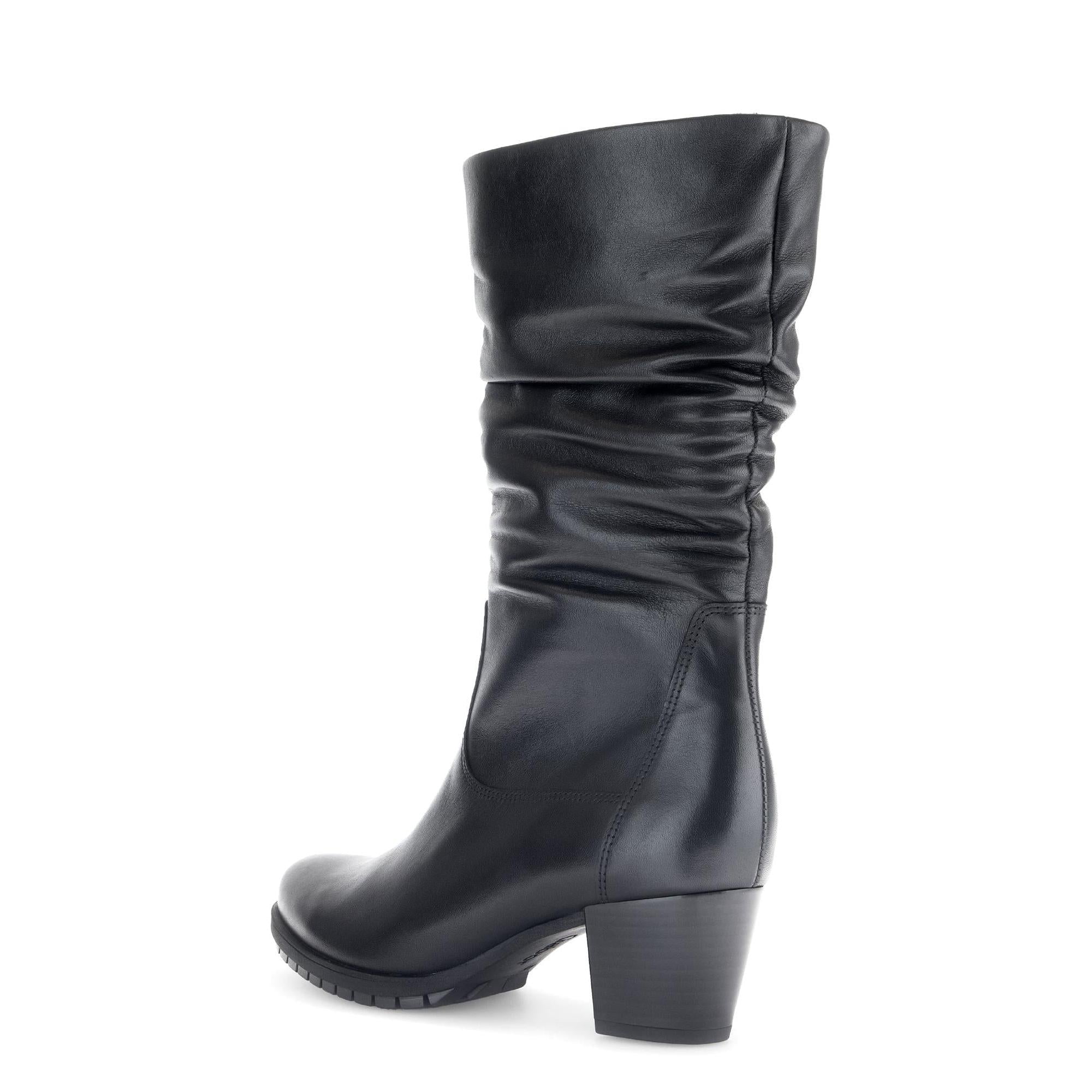 Gabor Olivetti women's black waxed leather ankle boots with side zipper and chunky heel.
