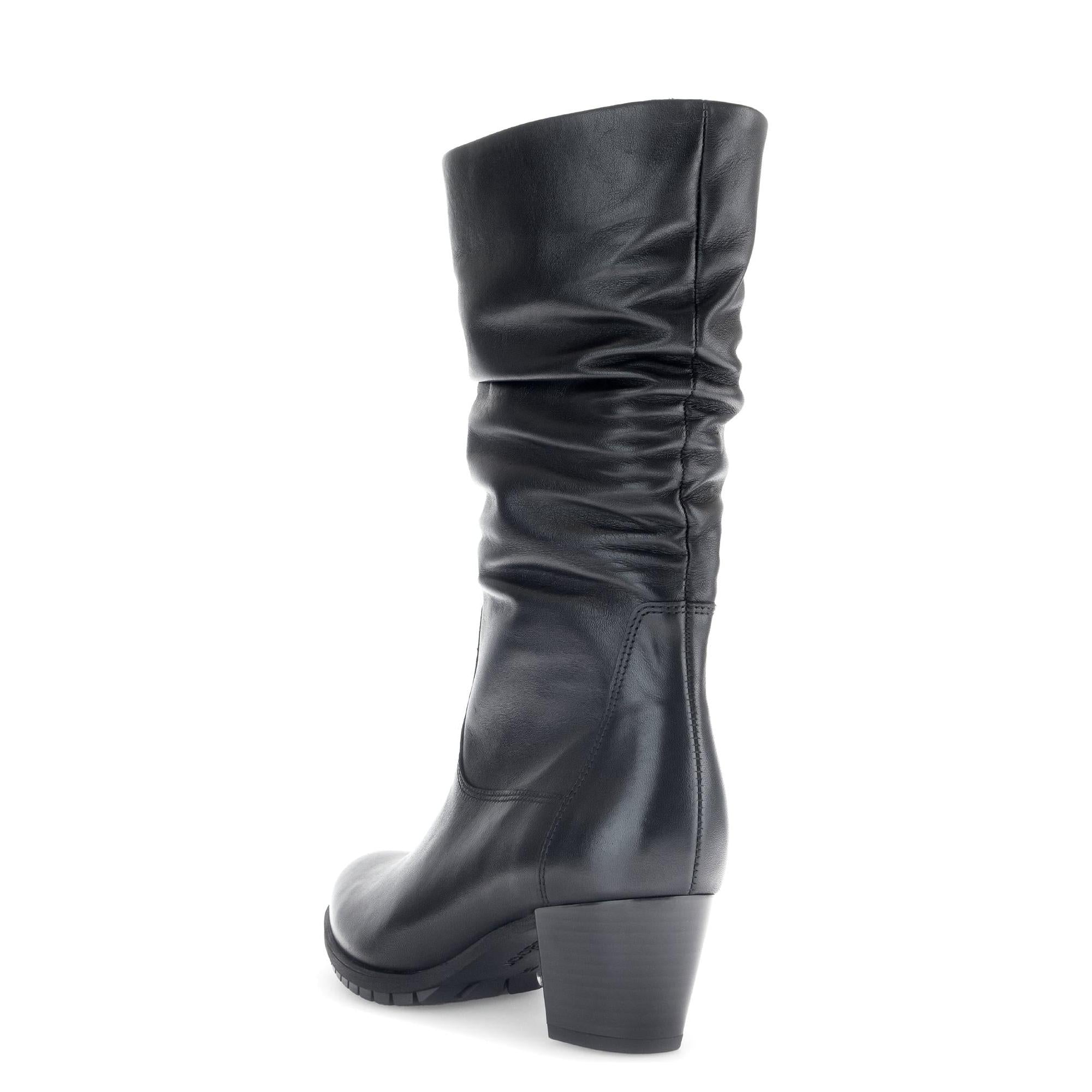 Gabor Olivetti women's black waxed leather side zip ankle boots with stacked heel, stylish and comfortable footwear.