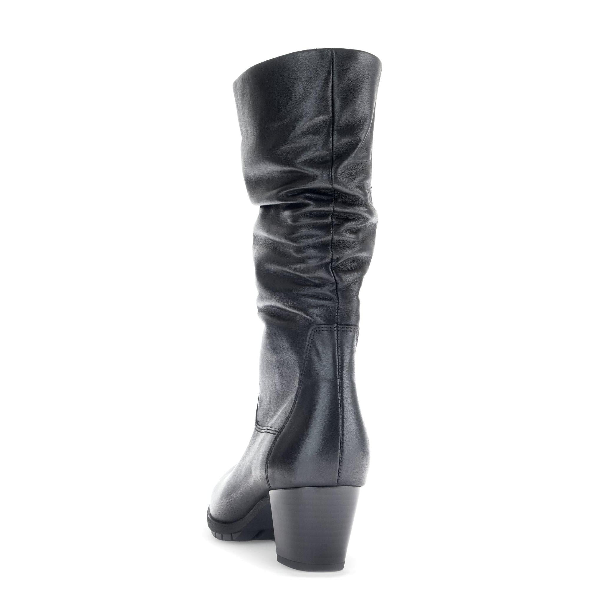 Gabor Olivetti women's black waxed leather knee-high boots with side zipper and chunky heel.