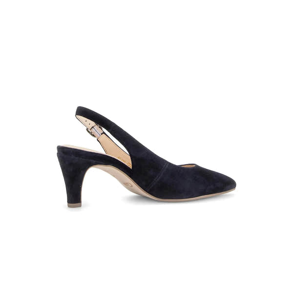 Gabor Lazona women's dark blue suede sling back heels with pointed toe and mid-height curved heel.