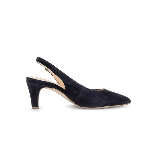 Gabor Lazona women's dark blue suede slingback high heel shoes with pointed toe and mid-height curved heel.