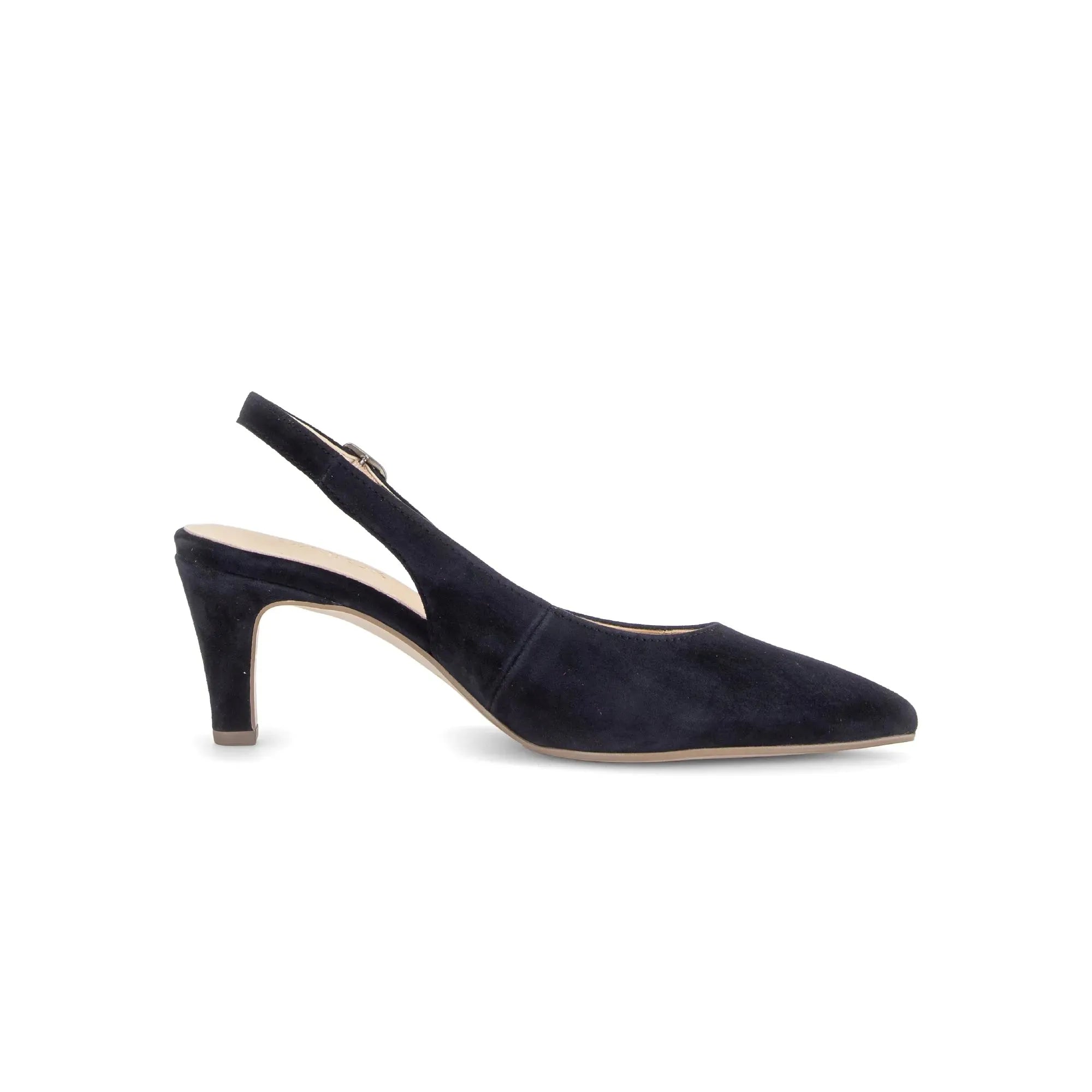 Gabor Lazona women's dark blue suede slingback heels with pointed toe and mid-height heel.