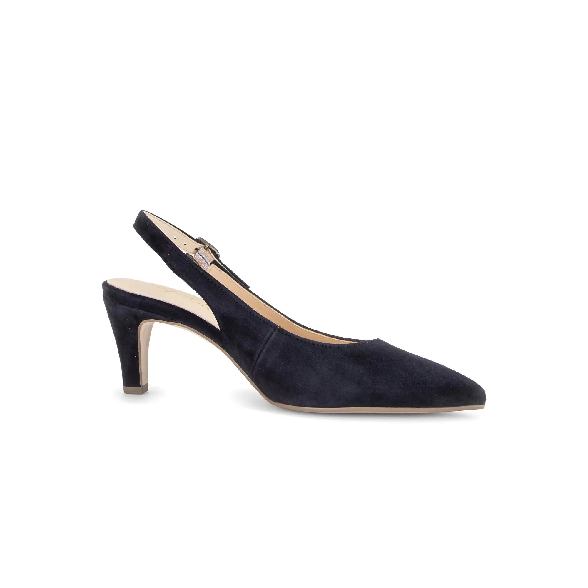 Gabor Lazona women's dark blue suede sling back high heels with pointed toe and mid-height stiletto.