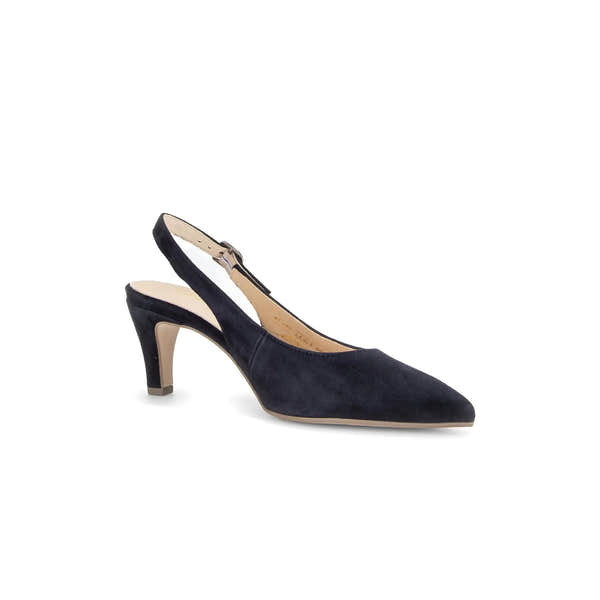 Gabor Lazona women's dark blue suede slingback high heel shoe with pointed toe and ankle strap.