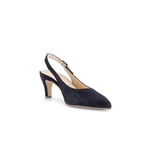 Gabor Lazona women's dark blue suede sling back high heels with pointed toe and mid-height stiletto heel.