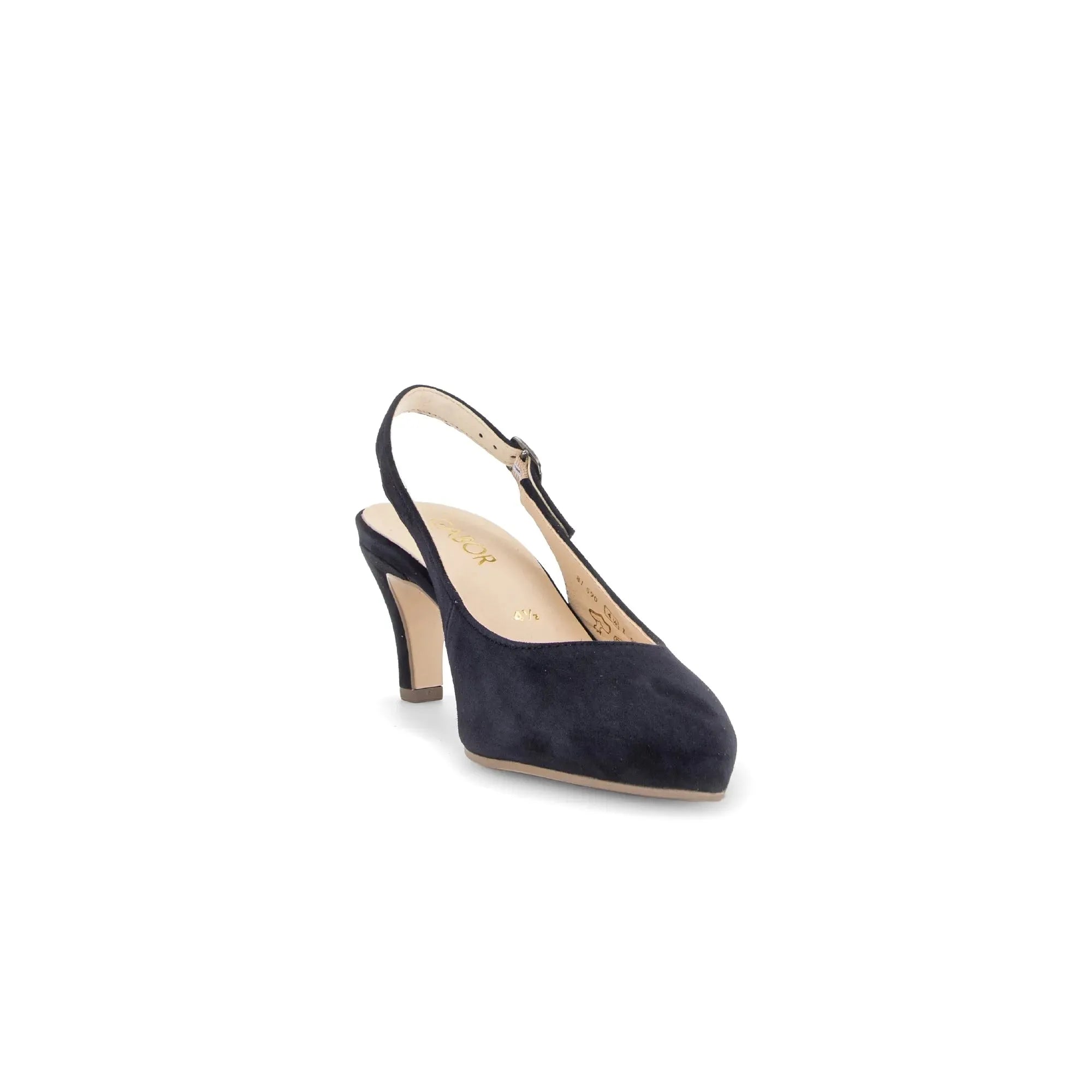 Dark blue suede slingback high heel shoe for women with pointed toe and ankle strap.