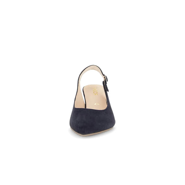 Gabor Lazona women's dark blue suede slingback heel with pointed toe and adjustable ankle strap, size 4.5.