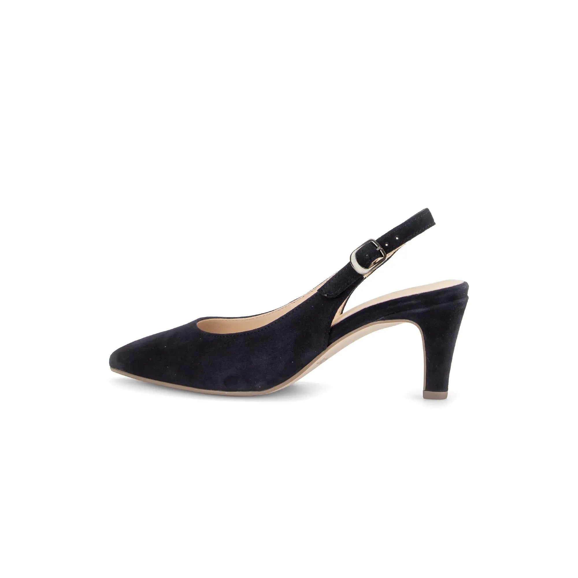 Gabor Lazona women's dark blue suede slingback high heel shoe with ankle strap and pointed toe design.