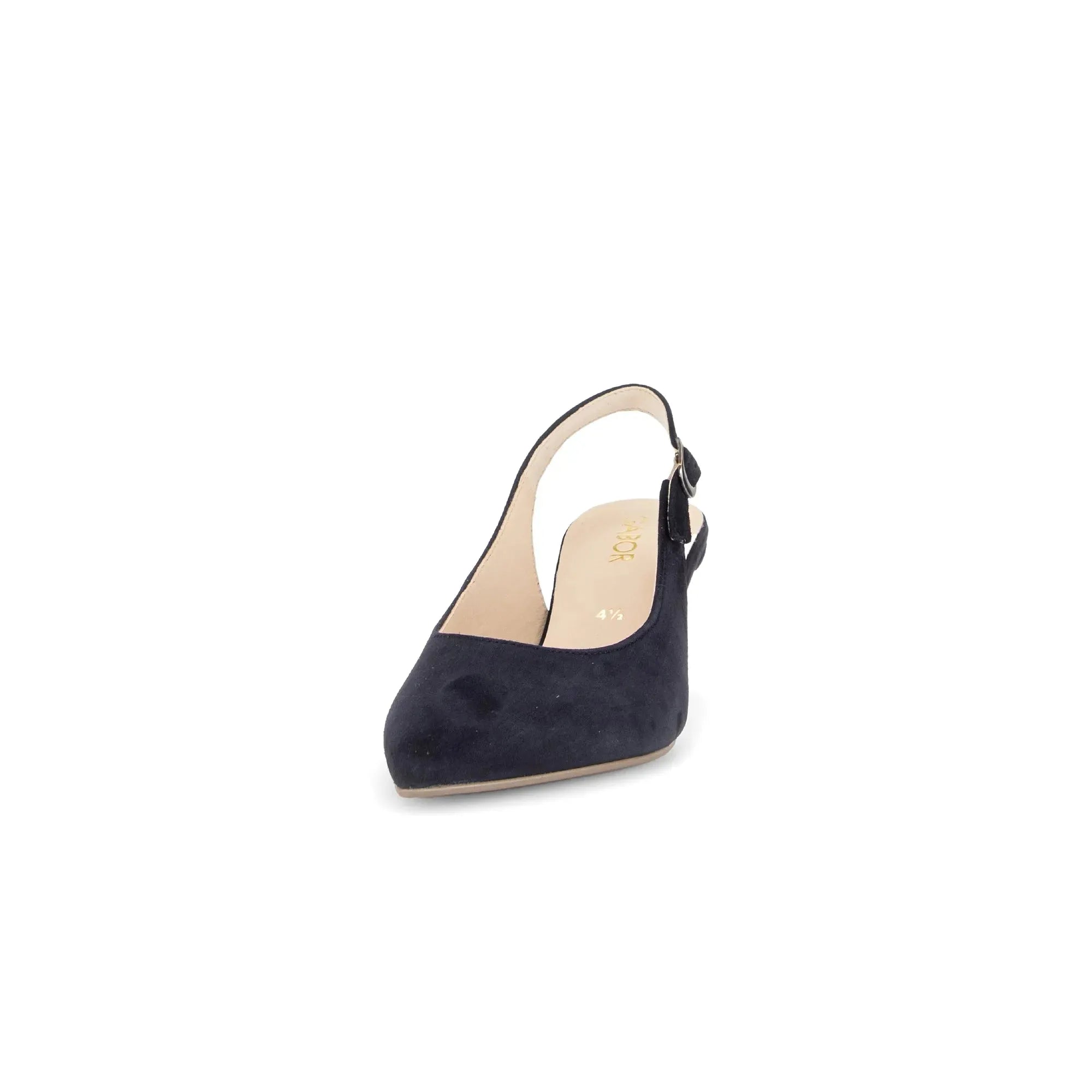Gabor Lazona Ladies Dark Blue Suede Sling Back Heels, pointed toe, low heel, elegant women's footwear.
