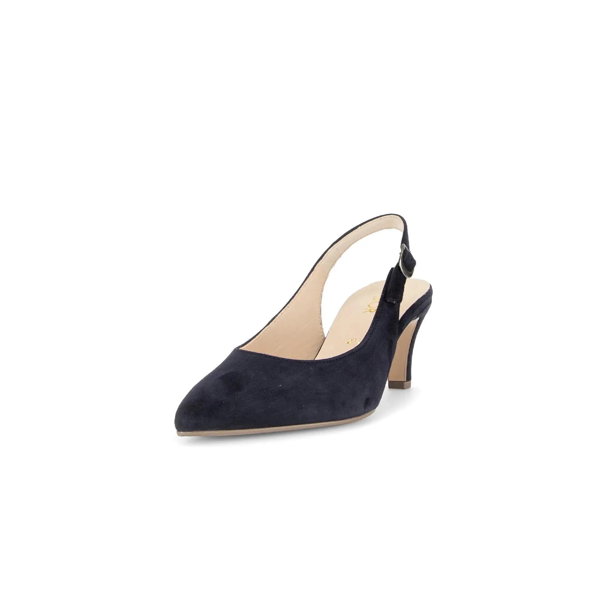 Gabor Lazona women's dark blue suede sling back heel with pointed toe and high block heel.