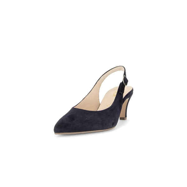 Gabor Lazona women's dark blue suede sling back heel with pointed toe and high block heel.