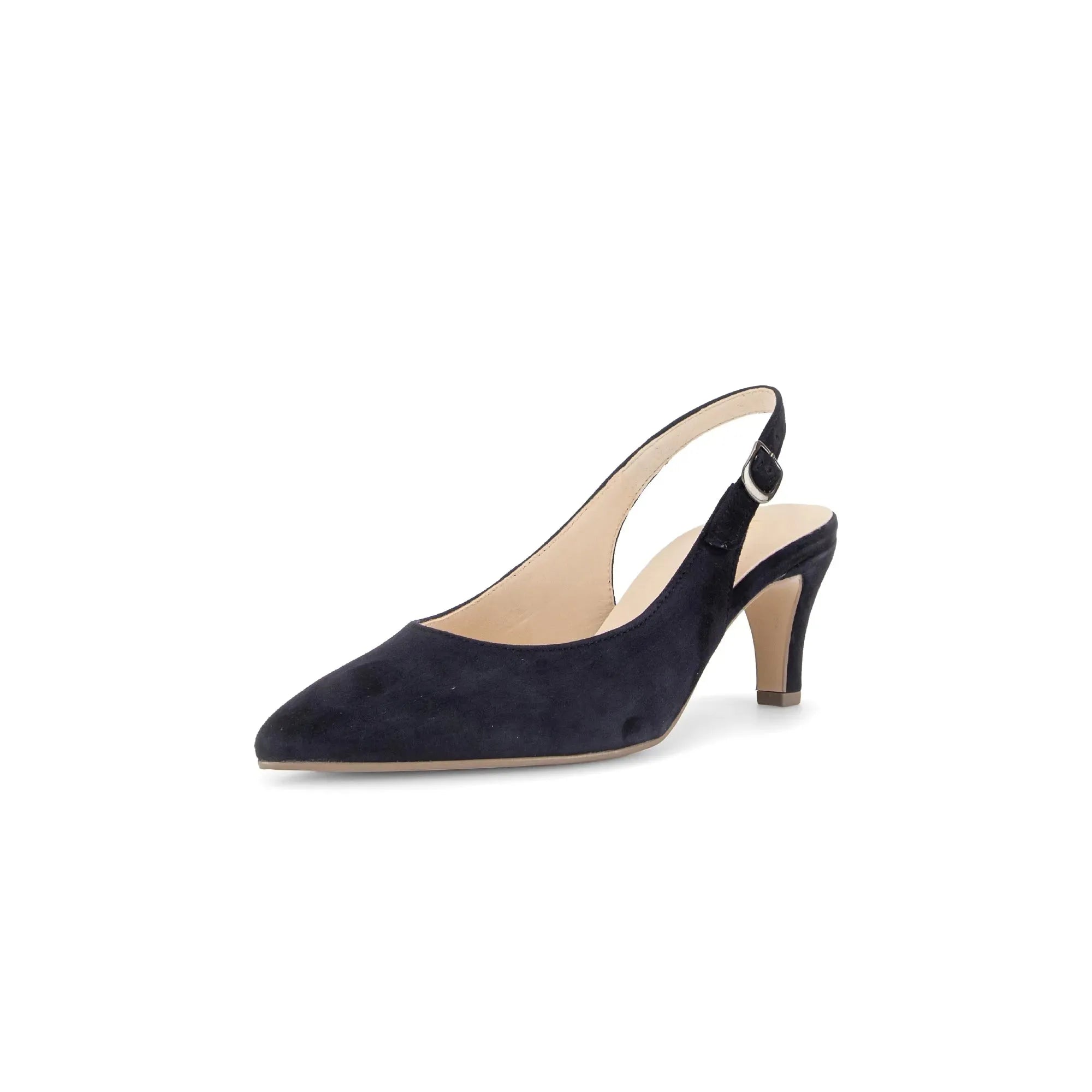 Gabor Lazona women's dark blue suede sling back heels with pointed toe and mid-height stiletto heel.