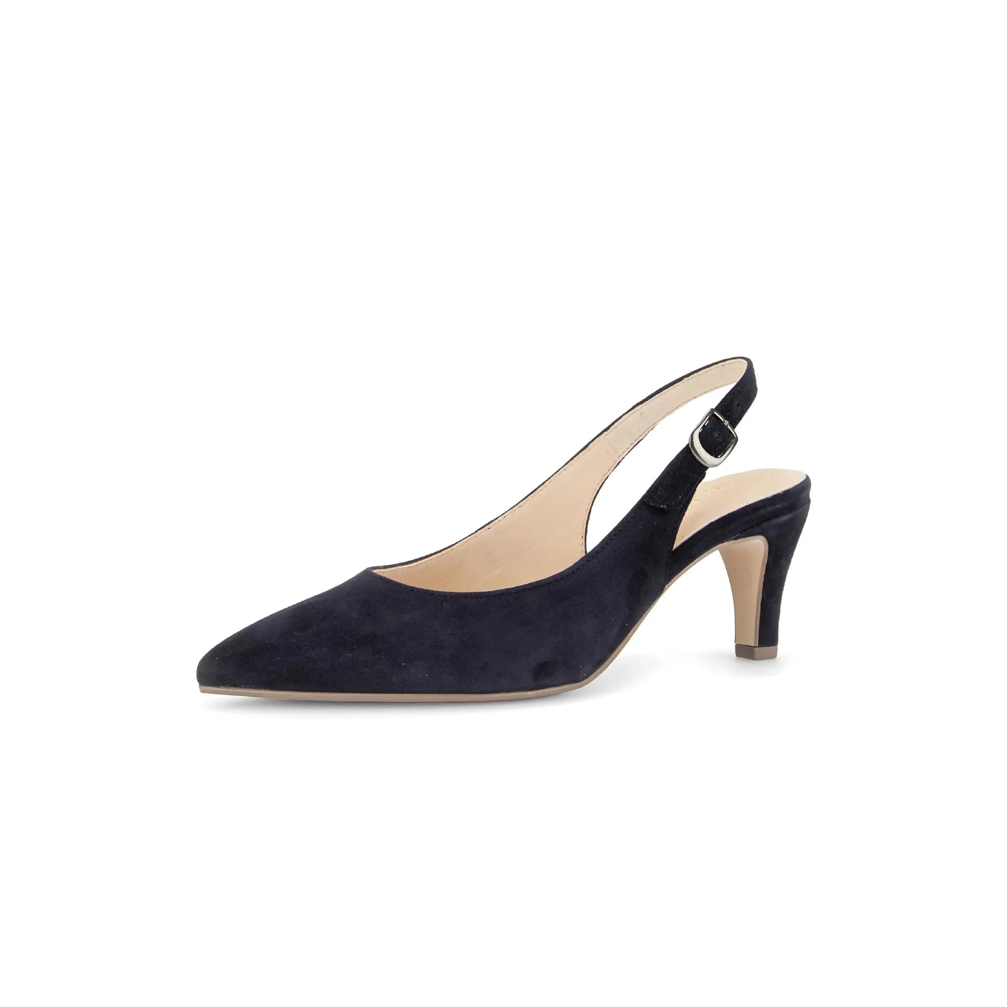 Gabor 81.590.16 Lazona women's dark blue suede slingback high heel shoe with pointed toe and ankle strap.
