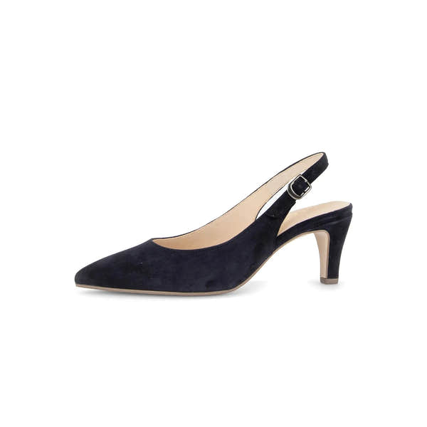 Gabor Lazona women's dark blue suede sling back high heels with pointed toe and ankle strap.