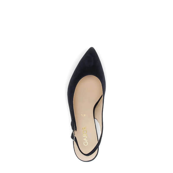Gabor women's dark blue suede sling back heels with pointed toes and ankle strap, stylish and elegant footwear.