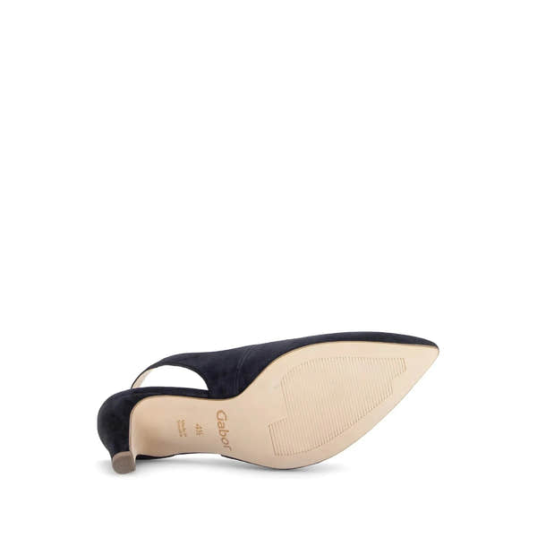 Gabor 81.590.16 Lazona women's dark blue suede slingback heels with pointed toe and mid-height block heel.